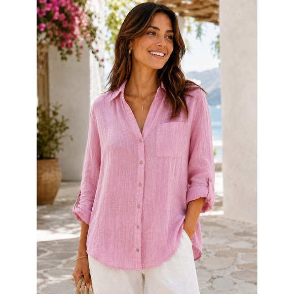 Christian Siriano Tops - Christian Siriano 100% Linen Button Front Shirt Roll Tab Small Pink Resortwear